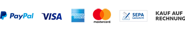 Banner mit den Logos der Paypal Zahlungsmöglichkeiten: Paypal, Visa, American Express, MAstercard, SEPA Lastschrift, Kauf auf Rechnung