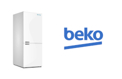 Ein Symbolbild für Ersatzteile bestehend aus Kühlschrank Grafik und Logo des Herstellers Beko 