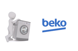 Ein Symbolbild für Ersatzteile bestehend aus Waschmaschine Grafik und Logo des Herstellers Beko 