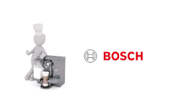 Ein Symbolbild für Ersatzteile bestehend aus Kaffeemaschine Grafik und Logo des Herstellers Bosch 