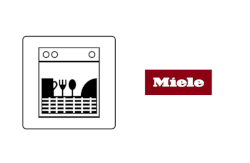 Ein Symbolbild für Ersatzteile bestehend aus Spülmaschine Grafik und Logo des Herstellers Miele 