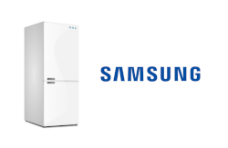 Ein Symbolbild für Ersatzteile bestehend aus Kühlschrank Grafik und Logo des Herstellers Samsung 