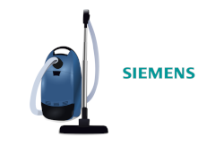 Ein Symbolbild für Ersatzteile bestehend aus Staubsauger Grafik und Logo des Herstellers Siemens 