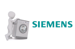 Ein Symbolbild für Ersatzteile bestehend aus Waschmaschine Grafik und Logo des Herstellers Siemens 